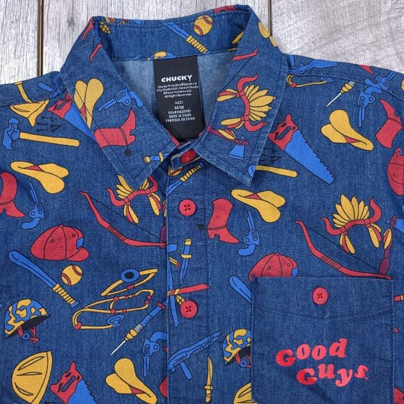 Chucky Mens Good Guys Button Shirt Size Medium Blue Horror Movie Short Sleeve - Picture 4 of 5